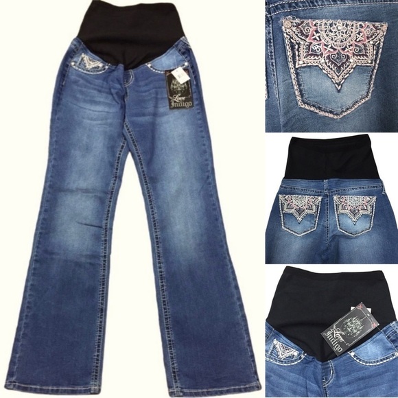 Love Indigo Denim - NWT LOVE INDIGO Maternity Pull-on Jeans Rhinestone Pockets SIZE Small
